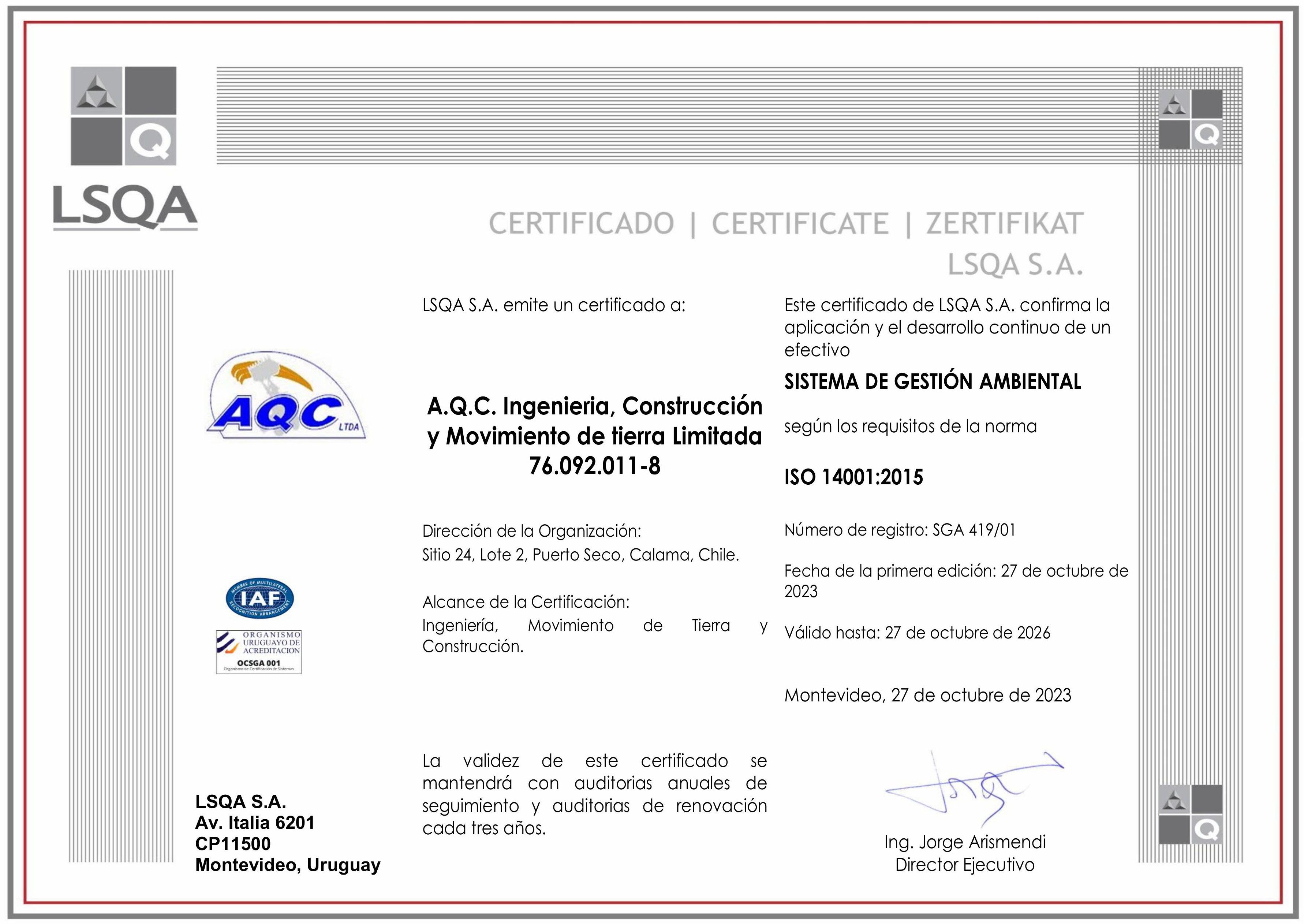 Certificado ISO 14001 AQC LTDA